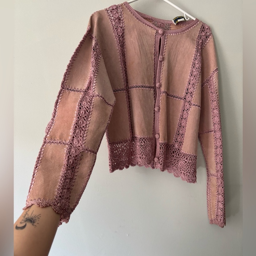 Y2K Fairycore Pink Suede crochet cottage Boho Knitwear Festival cardigan - Large - Picture 7 of 12